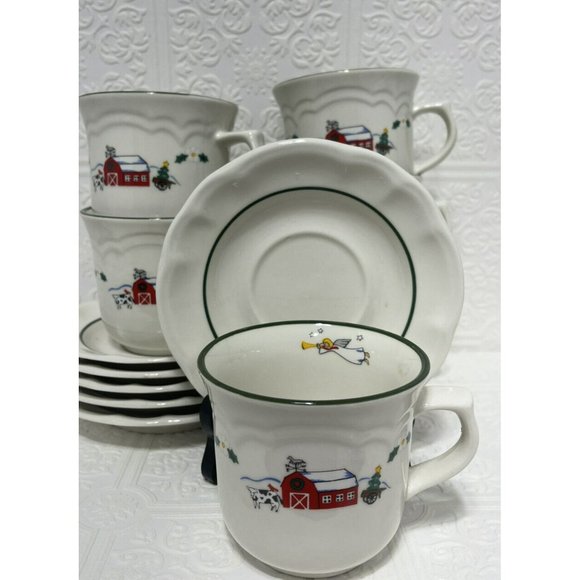 6 Christmas Cups & Saucers PFALTZGRAFF Country Scene with Barn Animals & Farmer - Picture 10 of 10